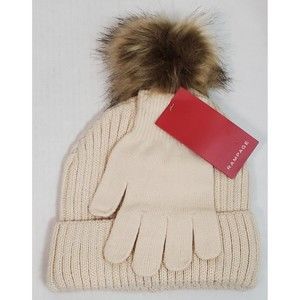 Rampage Womens Pom Pom Beanie Winter Hat Toboggan With Gloves Tan/Cream New!
